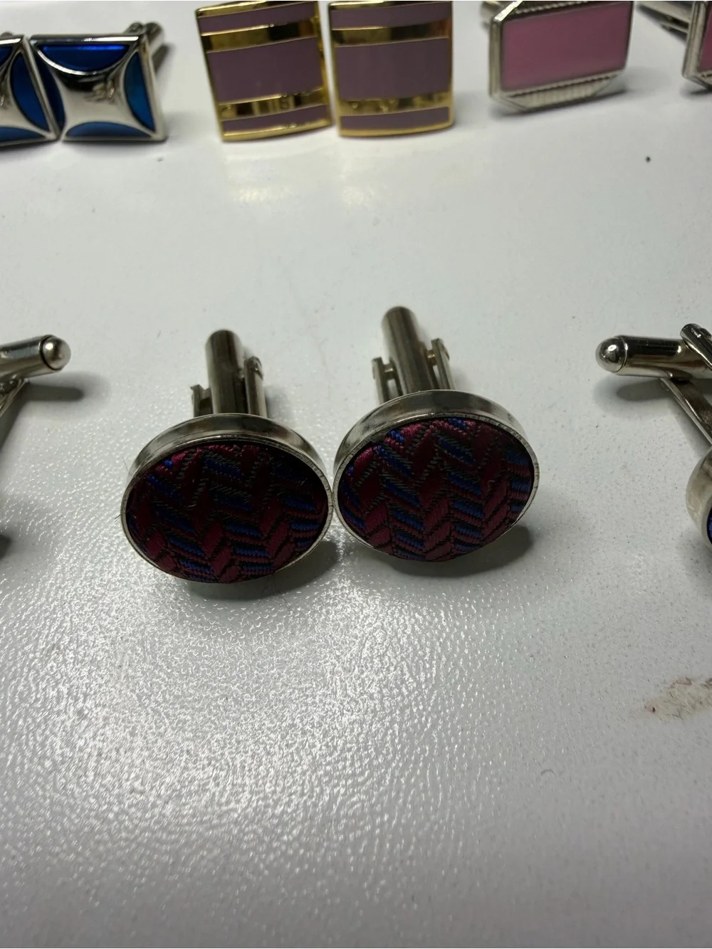 Mixed Enamel and Metal Men's Cufflink Set - Pink, Blue, Gold, Silver